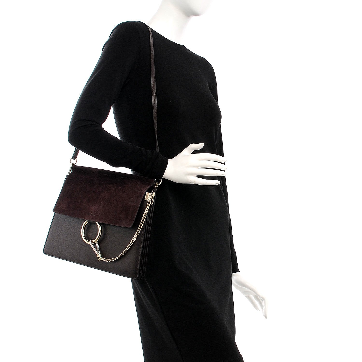 Chloe Calfskin Suede Medium Faye Shoulder Bag Carbon Brown 2 of 7
