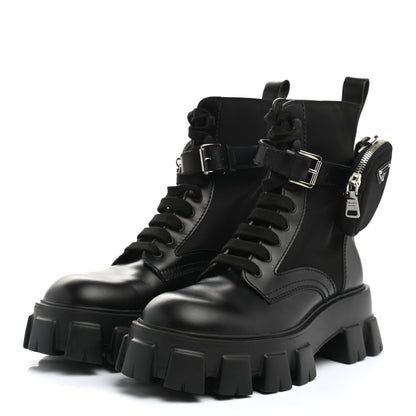 Prada Spazzolato Rois Re-Nylon Metal Triangle Logo Mens Monolith Pouch Pocket 60mm Combat Boots 7 Black 3 of 13