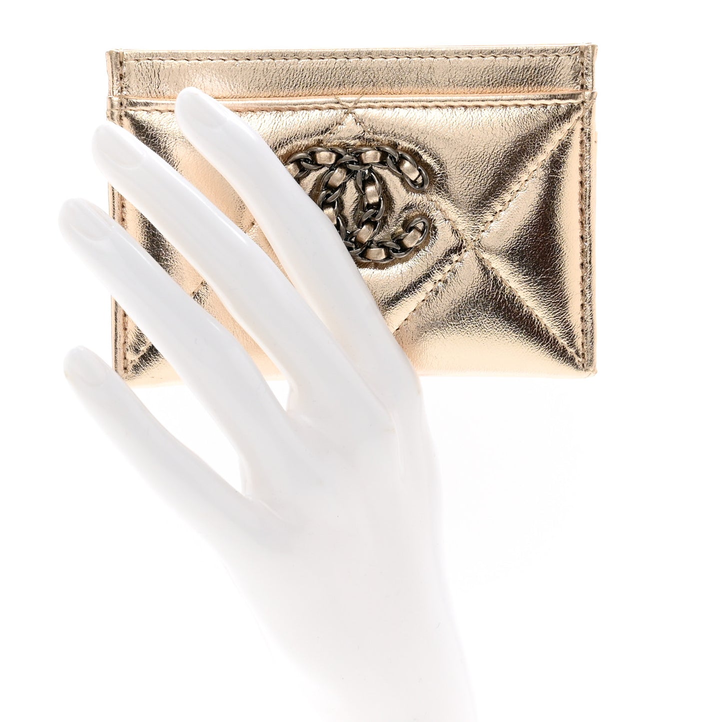 Metallic Lambskin Quilted Chanel 19 Card Holder Gold