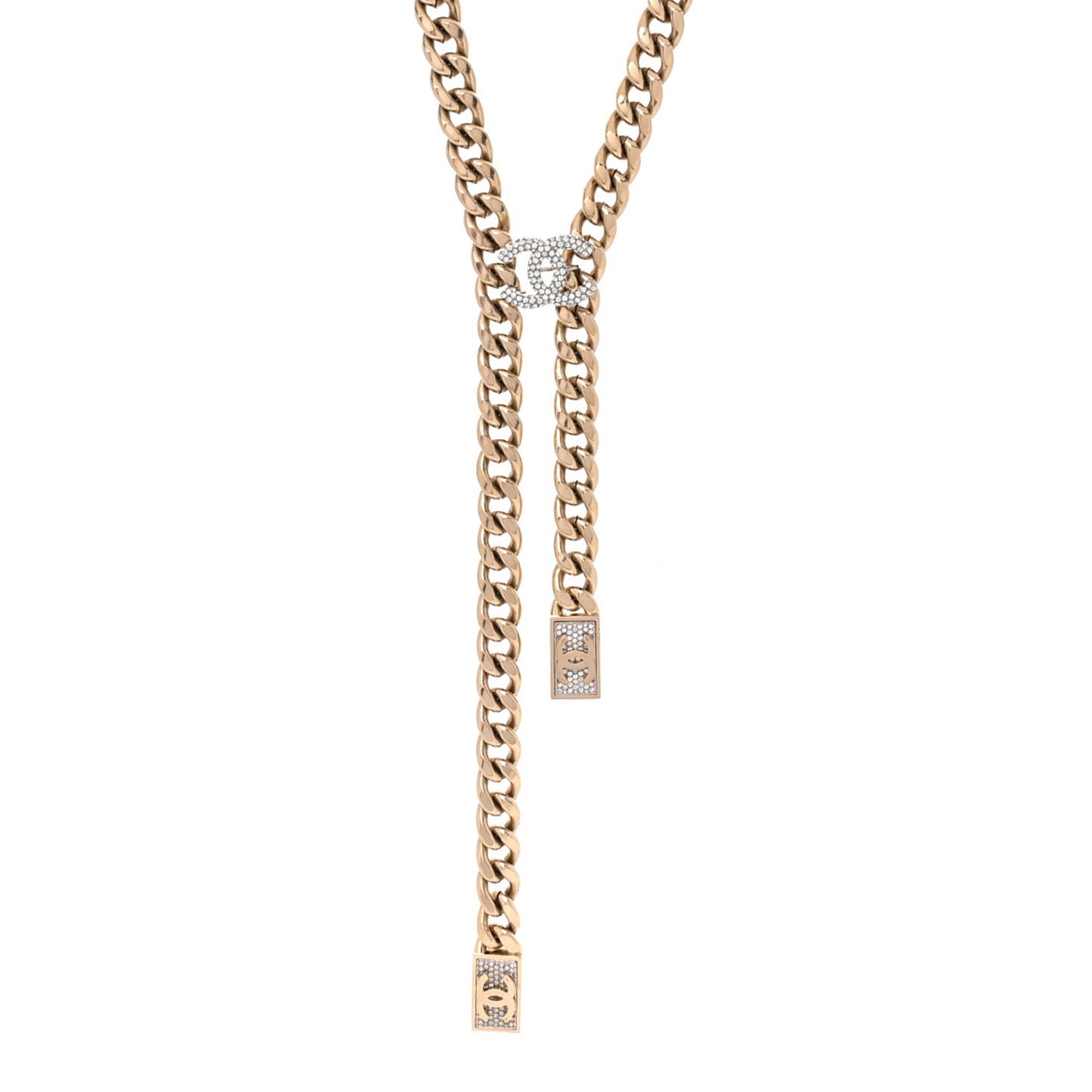 Chain Link Crystal CC Dog Tag Charm Necklace Gold