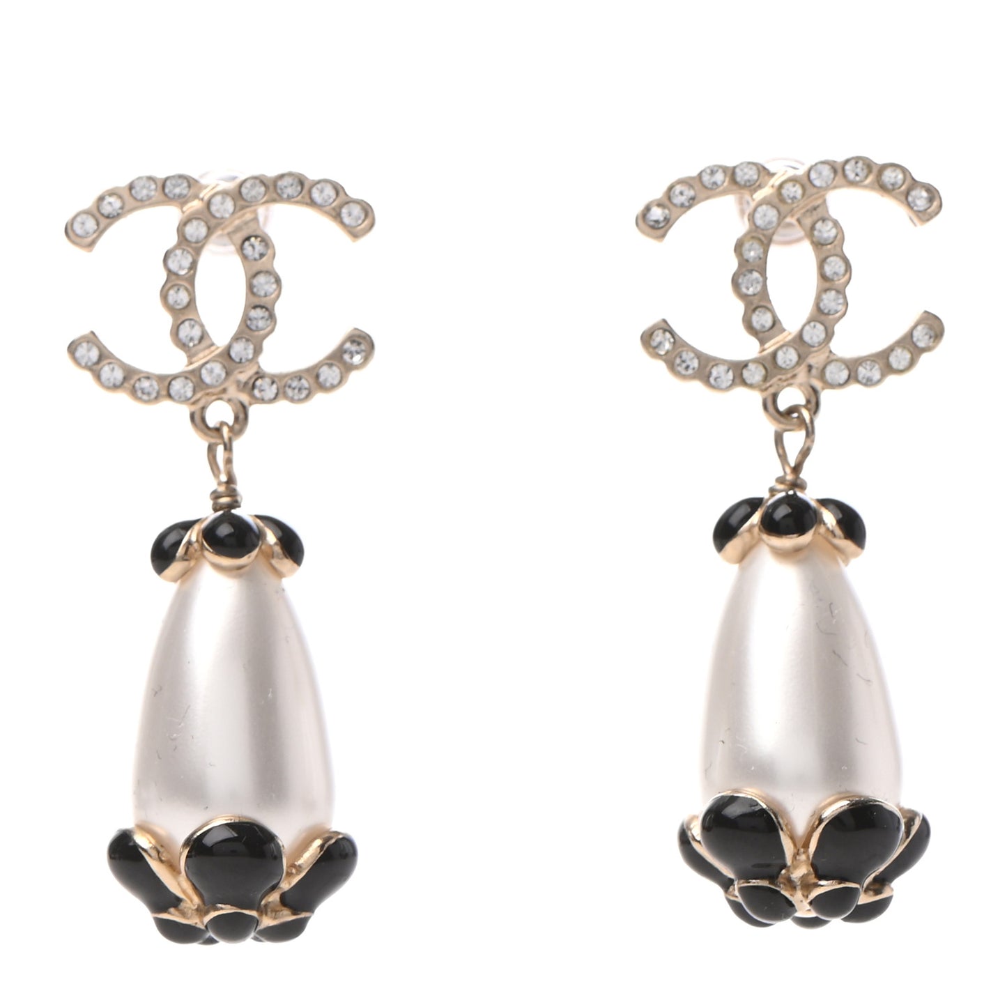 Pearl Crystal Enamel CC Flower Drop Earrings Gold Black