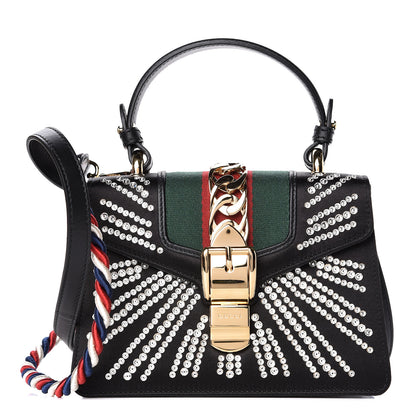 Gucci Satin Crystal Mini Sylvie Top Handle Bag Black 1 of 11
