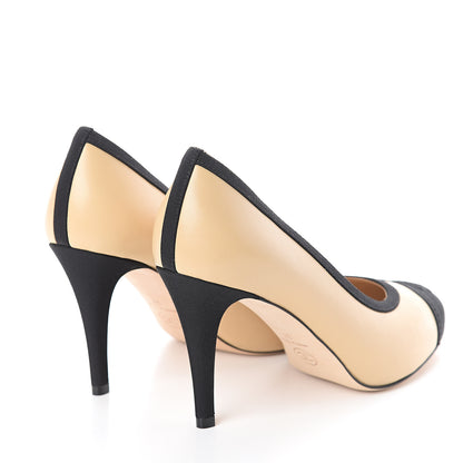 Chanel Lambskin Grosgrain Cap Toe CC Pumps 37 Beige Black 4 of 7