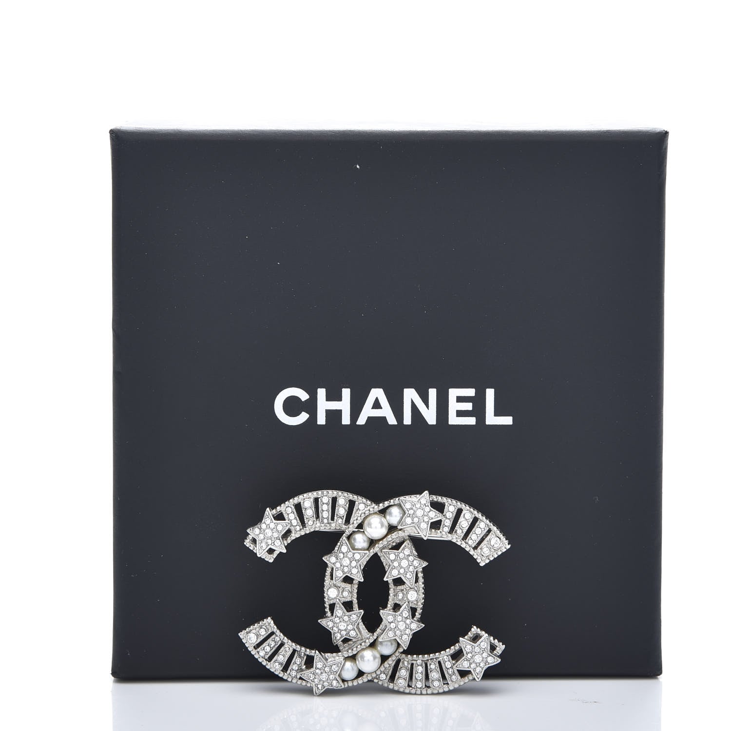 Chanel Crystal Pearl CC Star Coco Flapper Brooch Silver 5 of 5