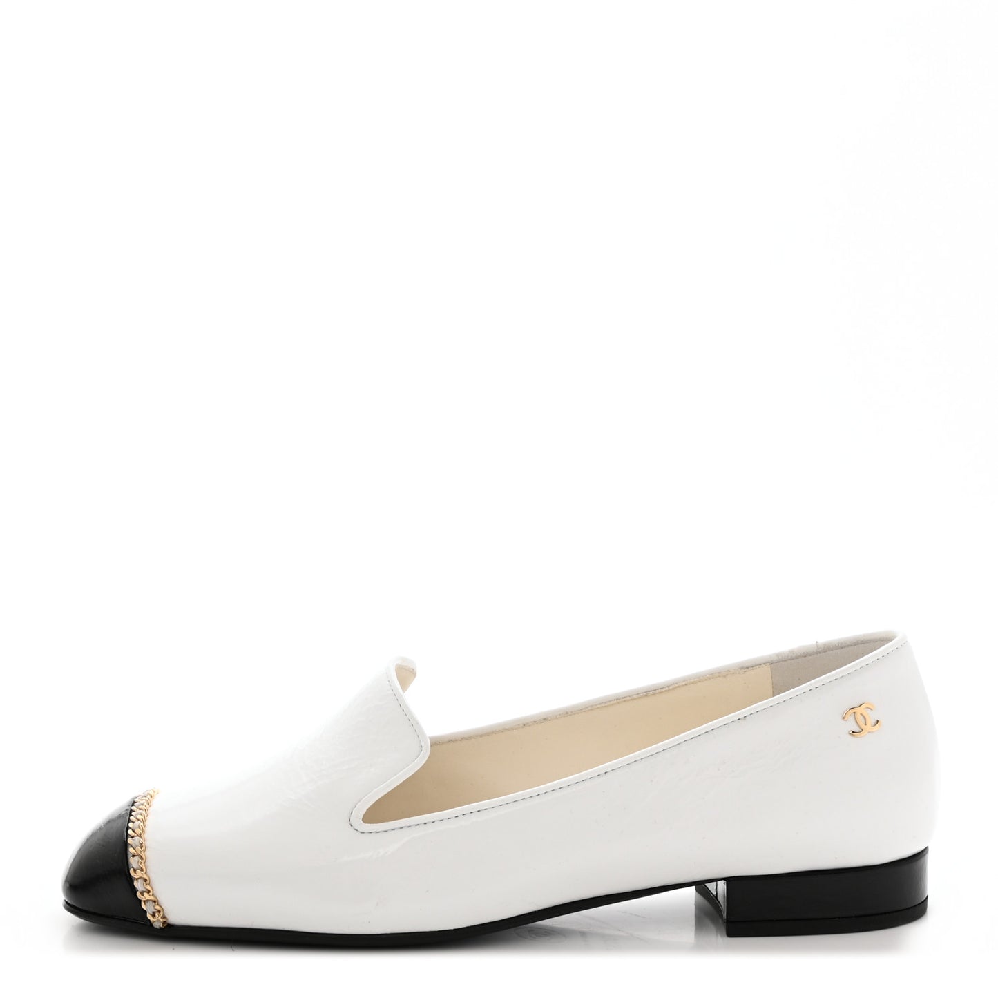Patent Cap Toe Chain Moccasin Loafers 36.5 White Black
