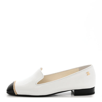 Chanel Patent Cap Toe Chain Moccasin Loafers 36.5 White Black 1 of 8