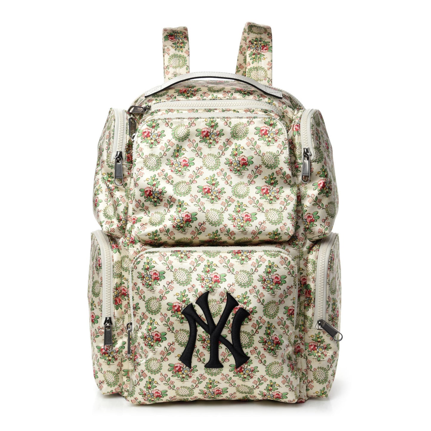 X MLB Satin Floral Print NY Yankees Patch Backpack Ivory Green
