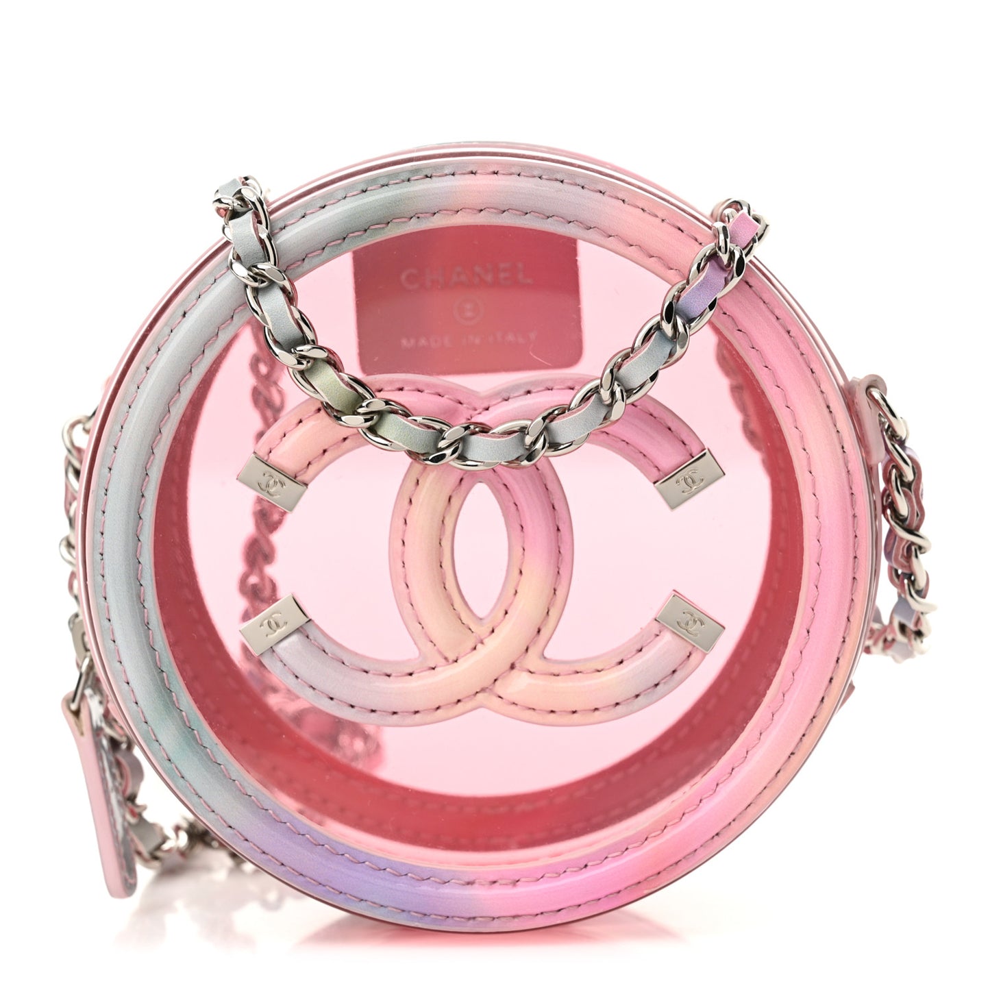 PVC Lambskin Filigree Round Clutch With Chain Pink