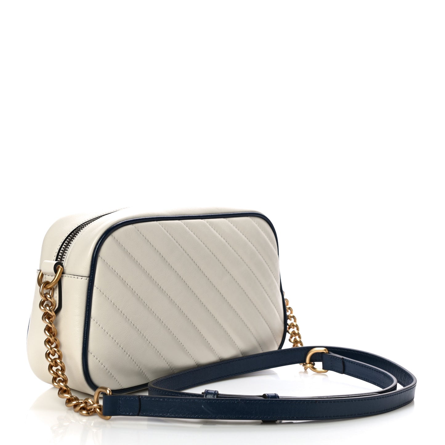 Vintage Effect Calfskin Matelasse Diagonal Small Torchon GG Marmont Chain Shoulder Bag Mystic White Blue Agata