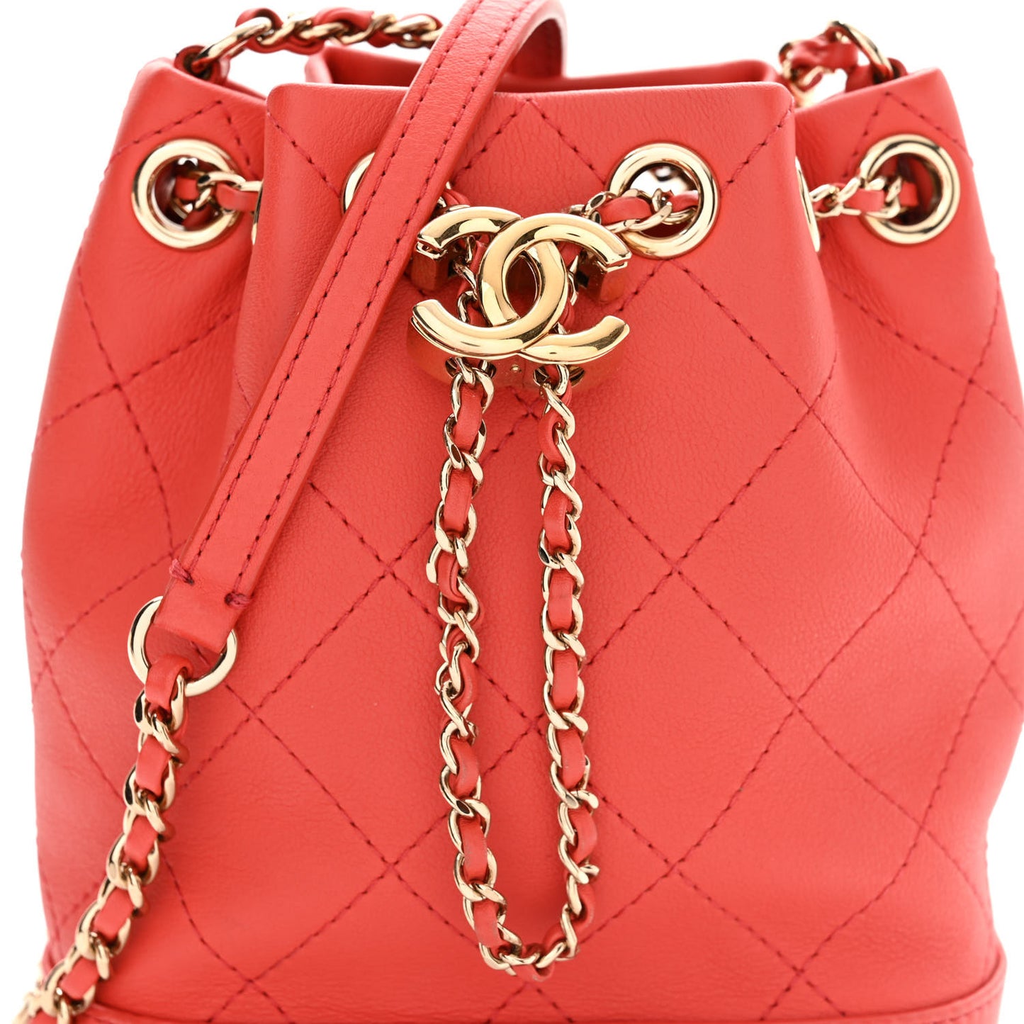 Calfskin Stitched Mini Drawstring CC Bag Red