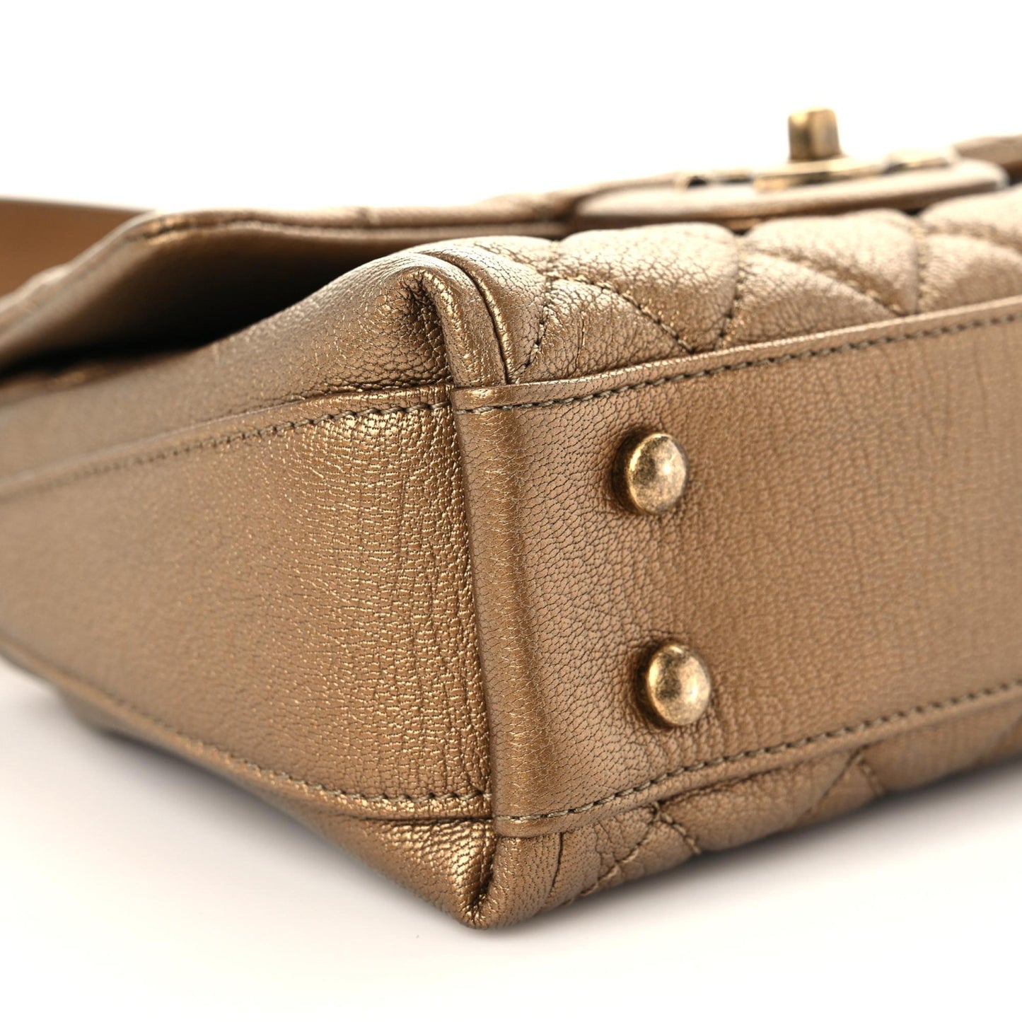 Metallic Goatskin Quilted Chain Handle Flap Dark Gold