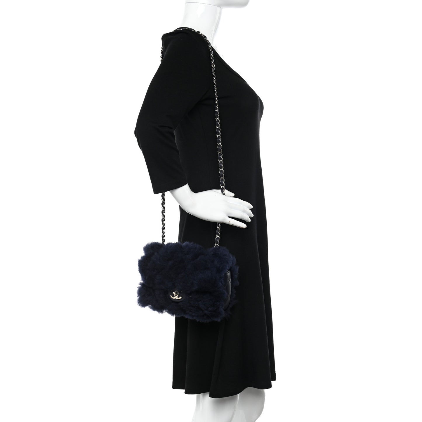 Shearling Lambskin Quilted Flap Navy Blue