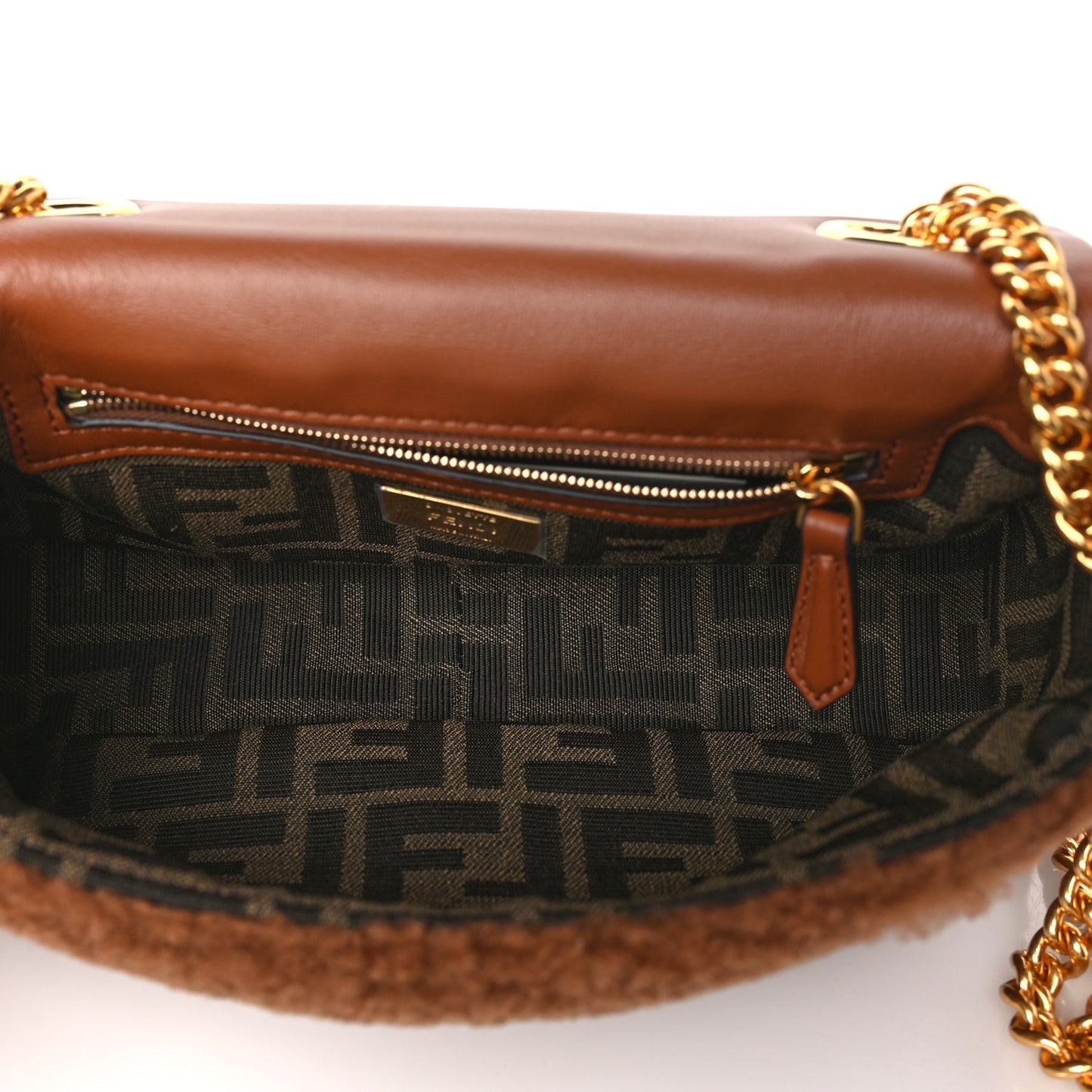 Shearling Lambskin Midi Chain Baguette Caramello