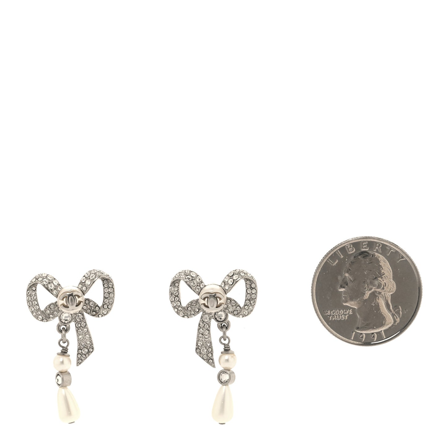 Crystal Pearl Bow CC Earrings Silver