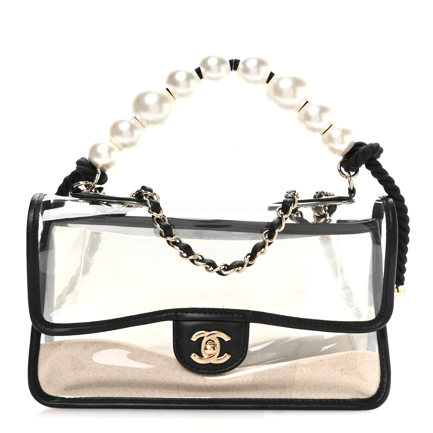 Lambskin PVC Sand By The Sea Flap With Pearl Strap Black