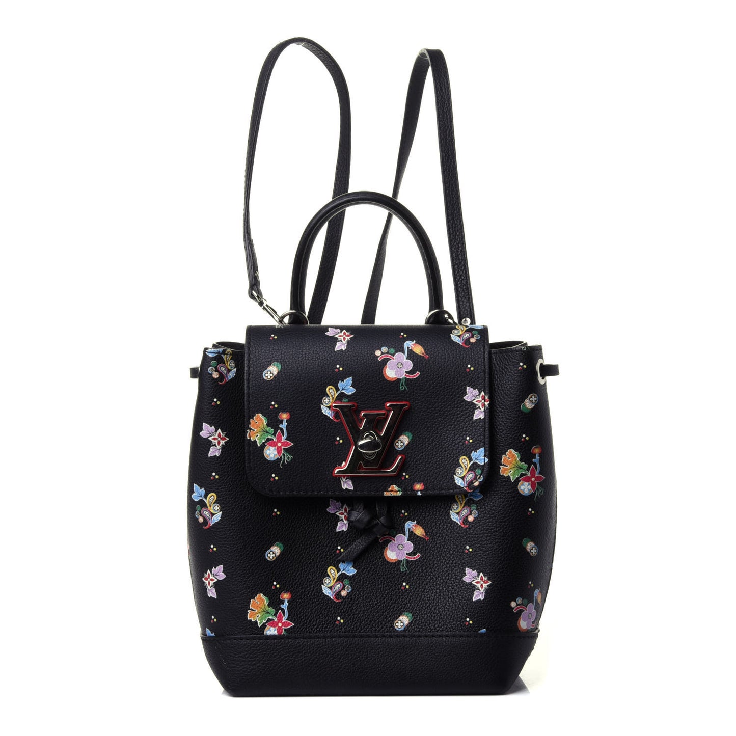 Calfskin Flower Lockme Mini Backpack Black Multicolor