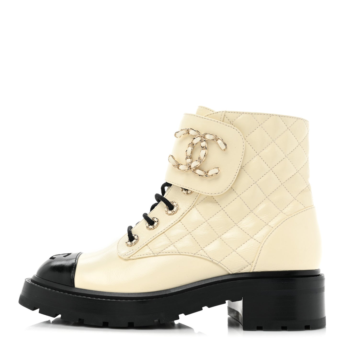 Shiny Goatskin Calfskin Quilted Lace Up Combat Boots 39 Ivory Black
