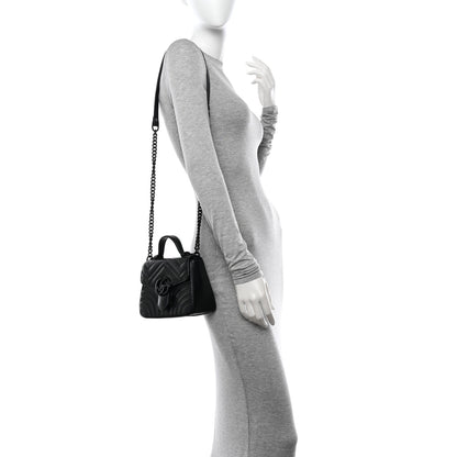 Gucci Calfskin Matelasse Monochrome GG Marmont Top Handle Shoulder Bag Black 2 of 13