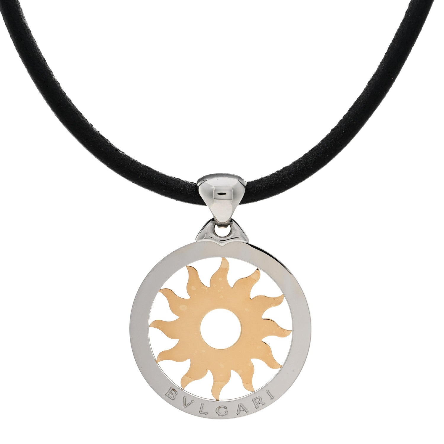 Bulgari 18K Yellow Gold Stainless Steel Calfskin Tondo Sun Pendant Necklace Black 1 of 4