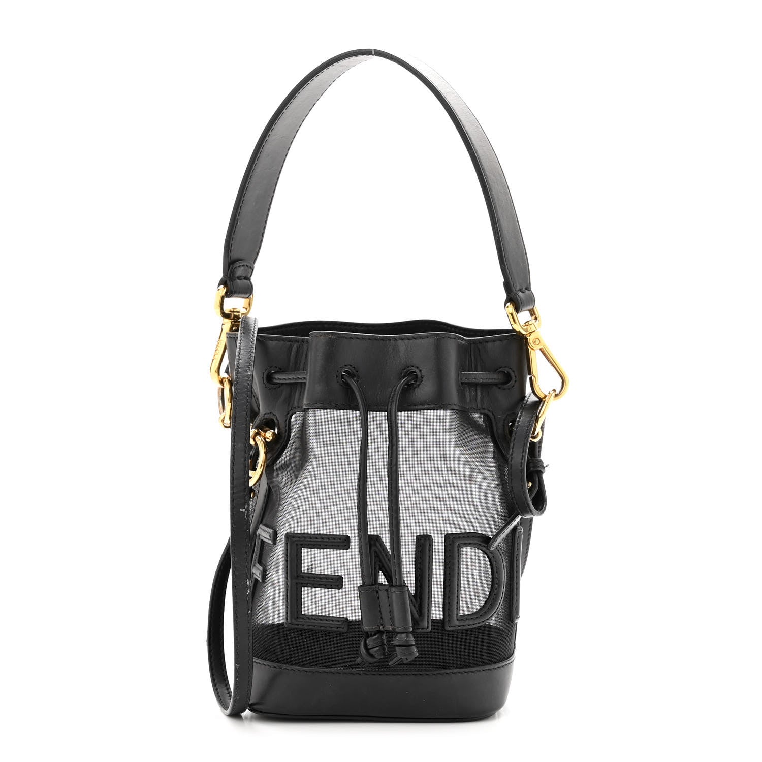 Fendi Mesh Vitello King F is Fendi Logo Embroidered Mini Mon Tresor Bucket Bag Black 1 of 13