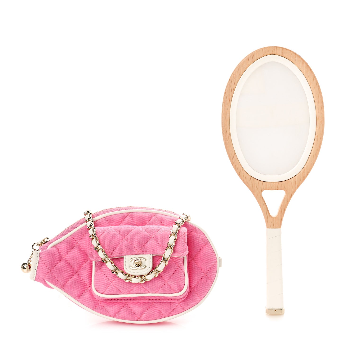 Canvas Calfskin Tennis Racket Clutch With Chain Pink