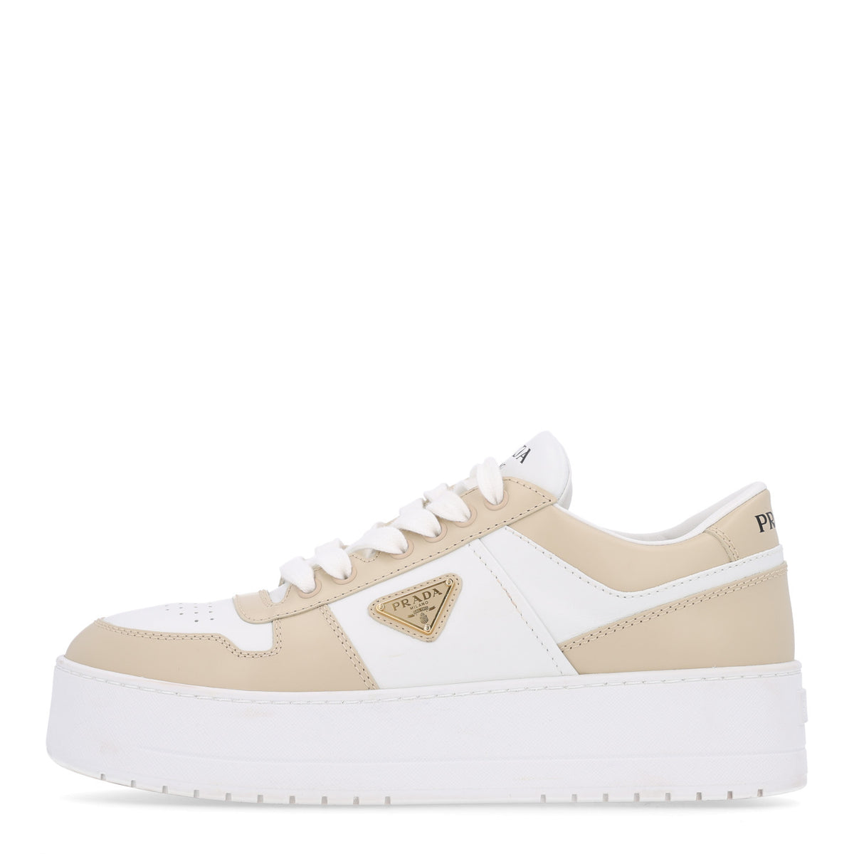 Prada Vitello Rois Triangle Womens Downtown Platform Low Top Sneakers 41 Beige White 1 of 10