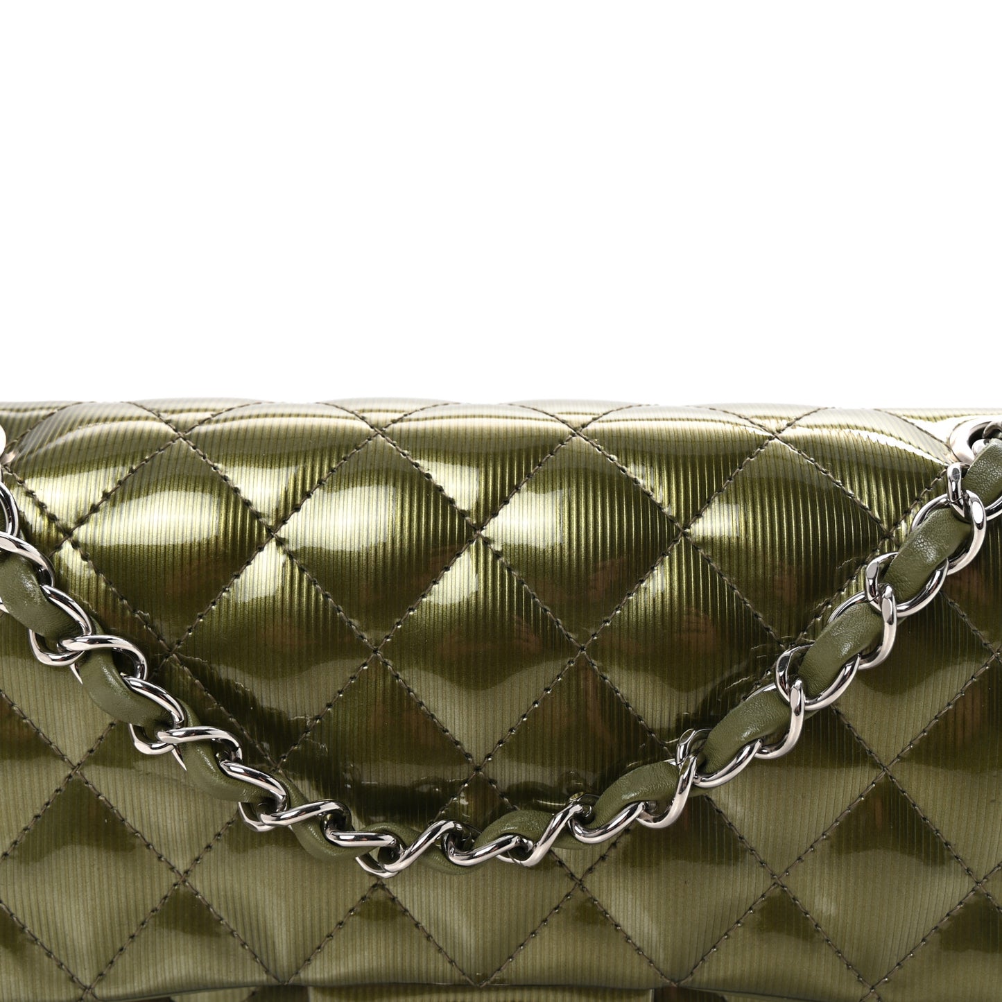 Striated Patent Quilted Medium Double Flap Green