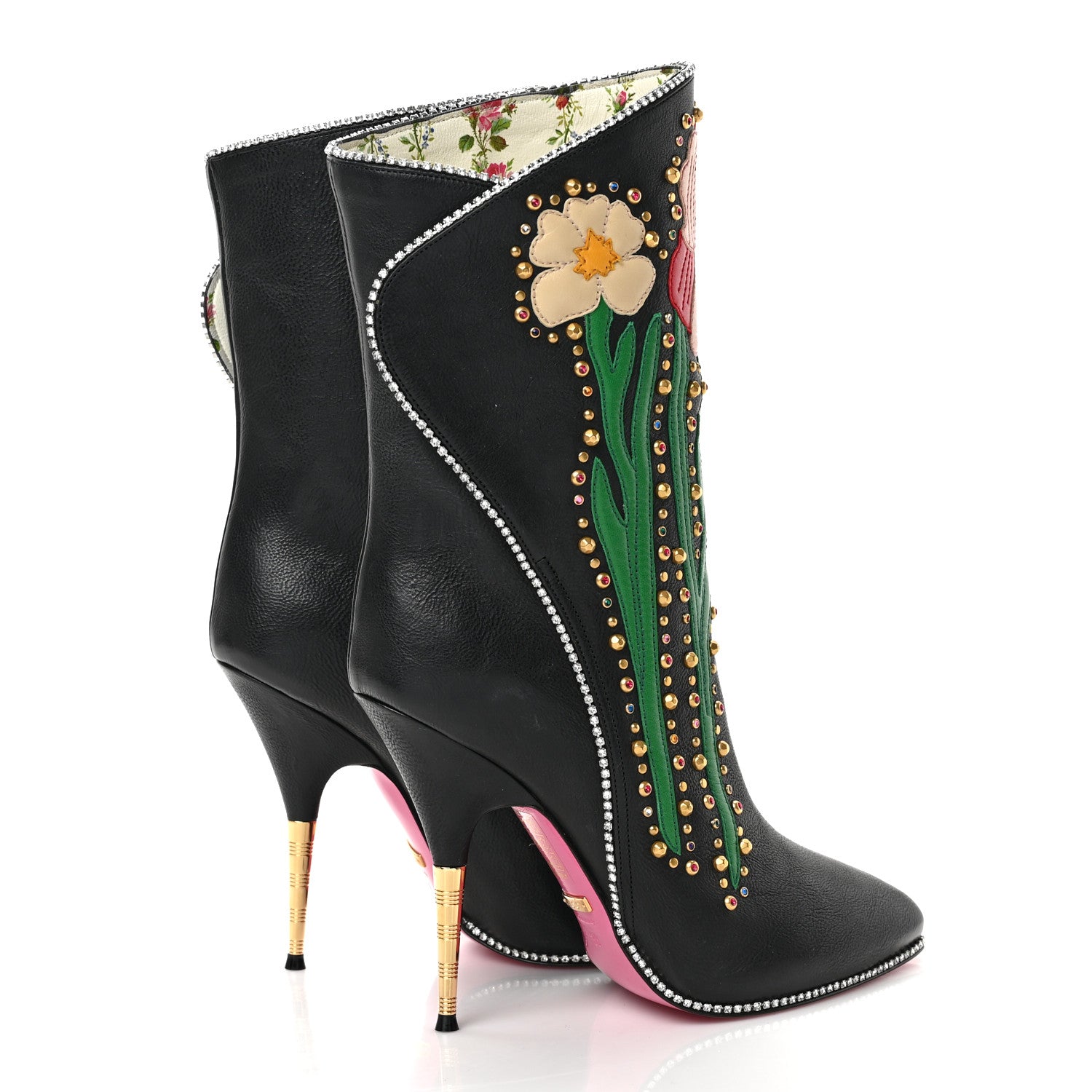 Gucci Calfskin Floral Crystal Embroidered Fosca Boots 38 Black 4 of 9