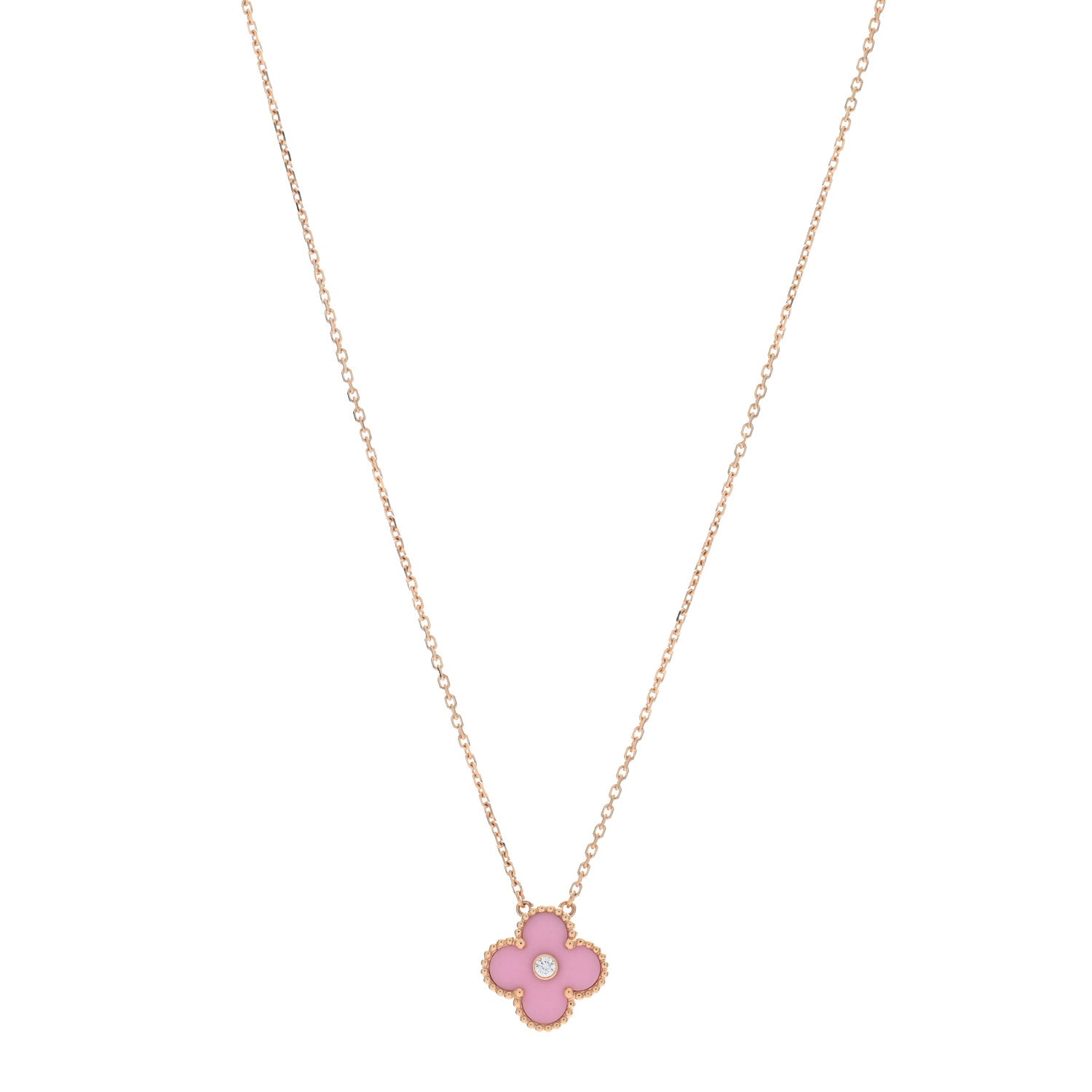 Van Cleef & Arpels 18K Rose Gold Diamond Pink Porcelain Vintage Alhambra Pendant Necklace 1 of 5