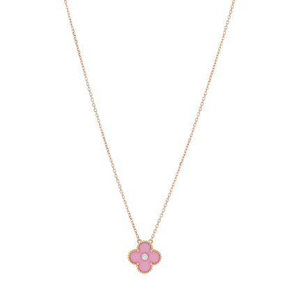 Van Cleef & Arpels 18K Rose Gold Diamond Pink Porcelain Vintage Alhambra Pendant Necklace 1 of 5