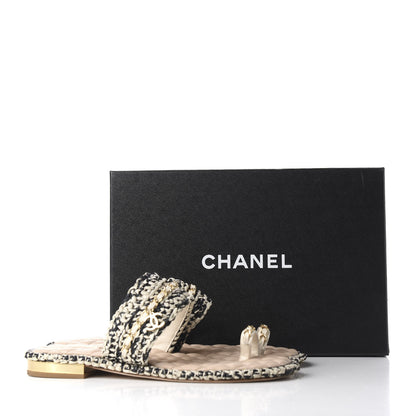 Chanel Raffia Lambskin Woven Chain CC Toe Ring Sandals 41.5 Black Beige 11 of 11