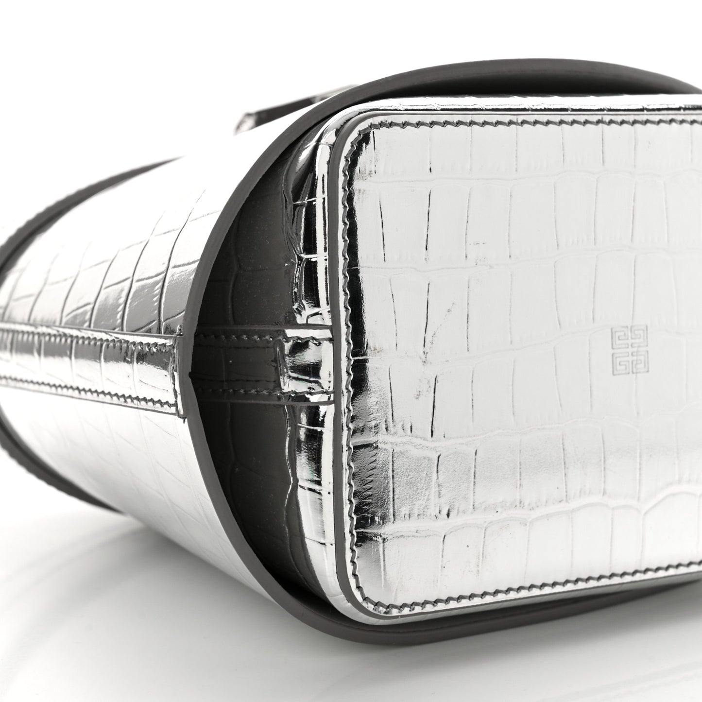 Metallic Calfskin Crocodile Embossed Shark Lock Bucket Bag Light Silvery