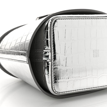 Givenchy Metallic Calfskin Crocodile Embossed Shark Lock Bucket Bag Light Silvery 9 of 11