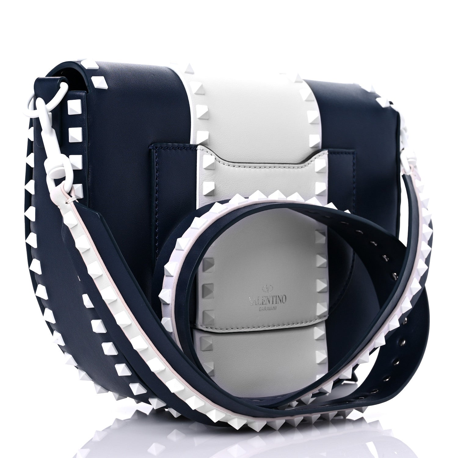 Valentino Garavani Vitello Colorblock Large Free Rockstud Halfmoon Saddle Bag Marine White 2 of 12