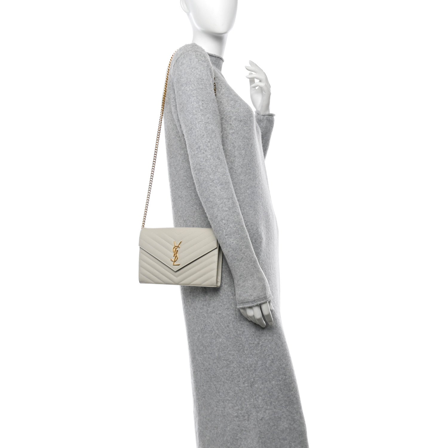 Saint Laurent Grain De Poudre Matelasse Chevron Monogram Chain Wallet Crema Soft 2 of 12