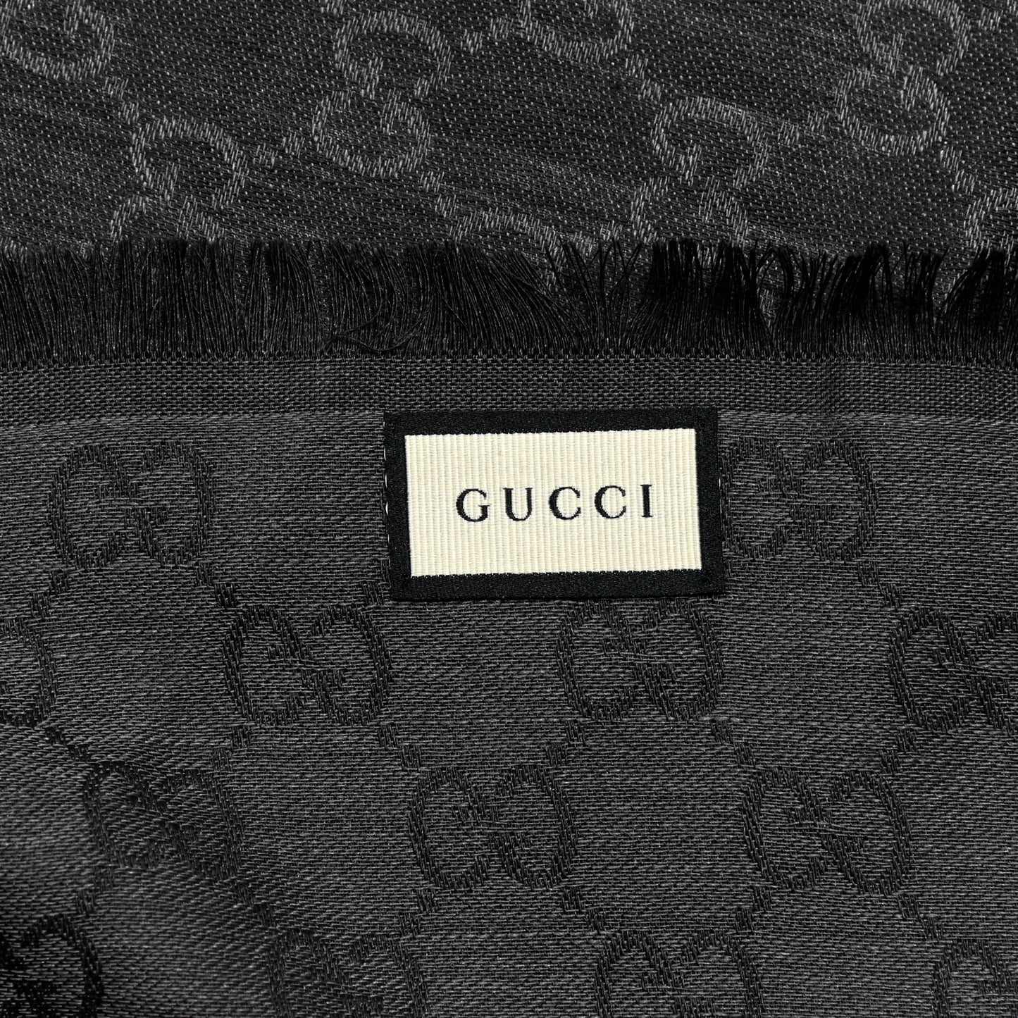 Wool Silk Monogram GGWeb Fringe Shawl Black Medium Grey