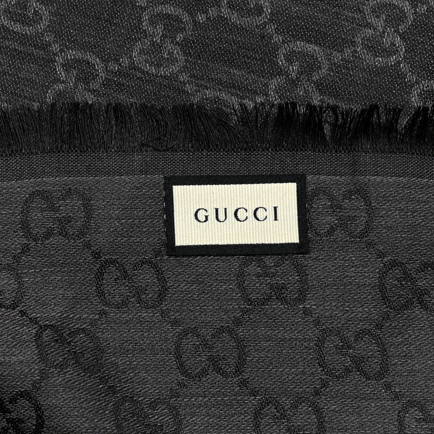 Gucci Wool Silk Monogram GGWeb Fringe Shawl Black Medium Grey 4 of 5