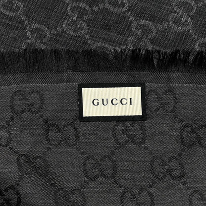 Gucci Wool Silk Monogram GGWeb Fringe Shawl Black Medium Grey 4 of 5