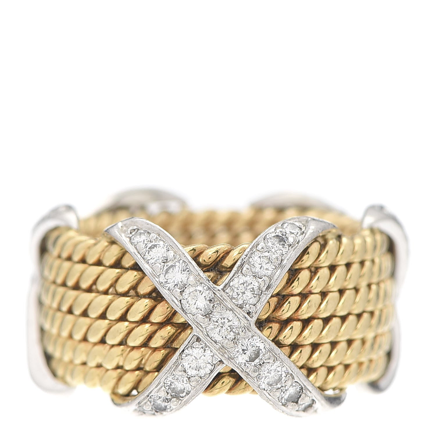 Tiffany 18K Yellow White Gold Diamond Schlumberger Rope Six Row X Ring 49 4.75 3 of 5