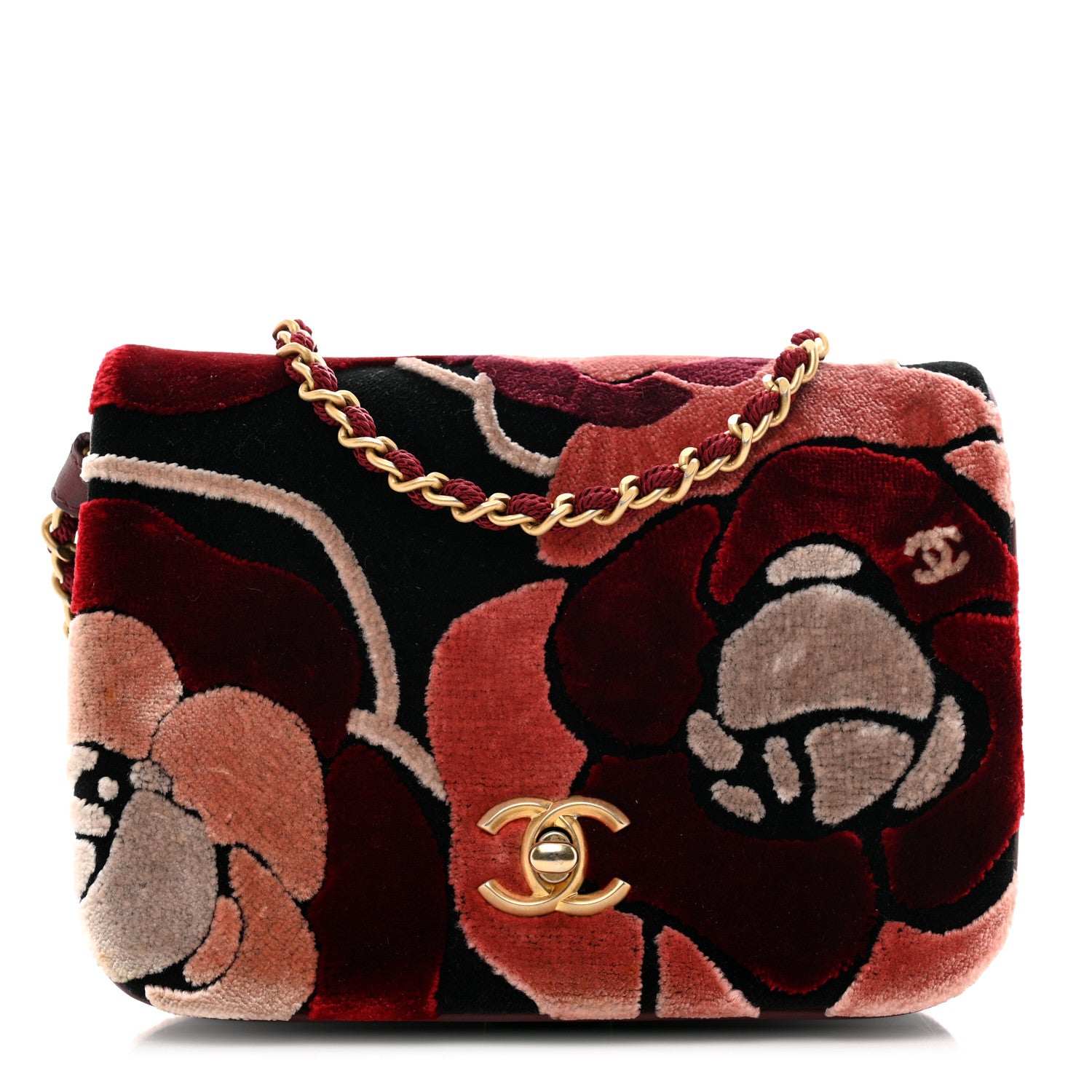 Chanel Velvet Lambskin Mini Camellia Flap Black Burgundy 1 of 12
