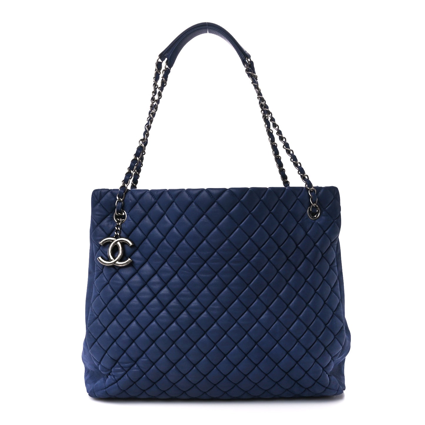 Iridescent Calfskin Quilted New Bubble Tote Dark Blue