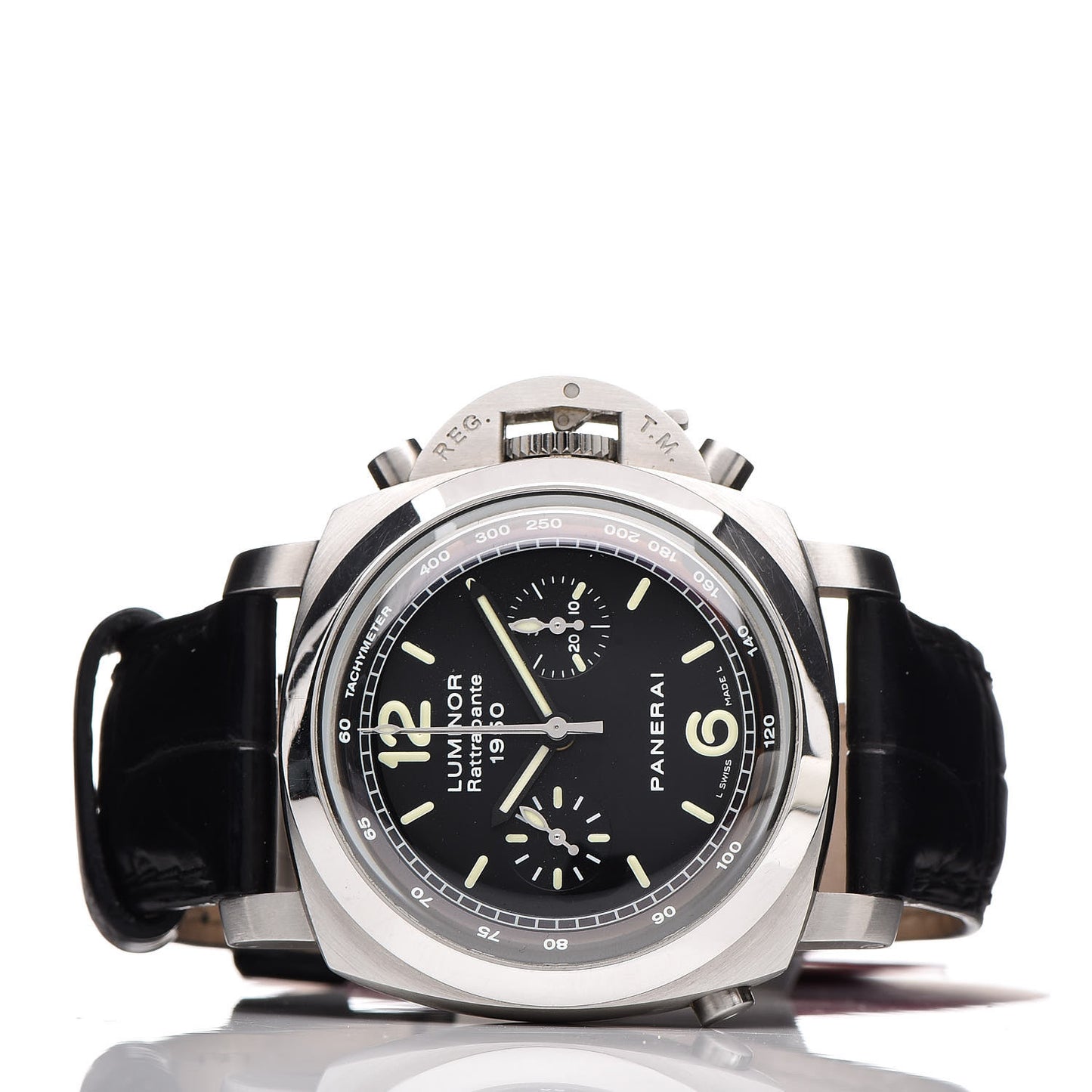 Stainless Steel Alligator 44mm Luminor Rattrapante 1950 Automatic Watch Black PAM00213