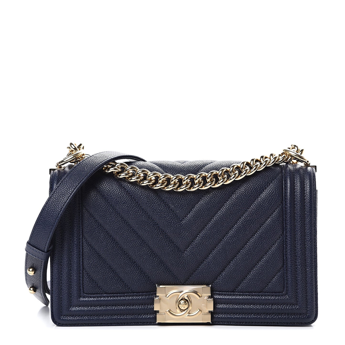 Caviar Chevron Quilted Medium Boy Flap Navy