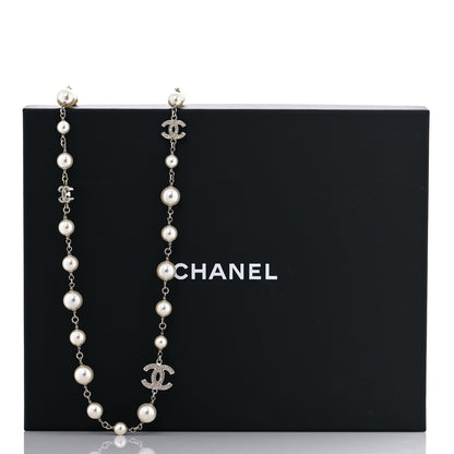 Chanel Graduated Pearl Crystal CC Long Necklace Silver 5 of 5