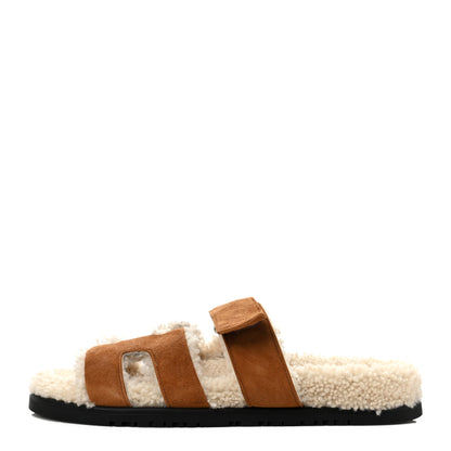 Hermes Suede Goatskin Woolskin Womens Chypre Sandals 37.5 Brun Fume Ecru 1 of 8