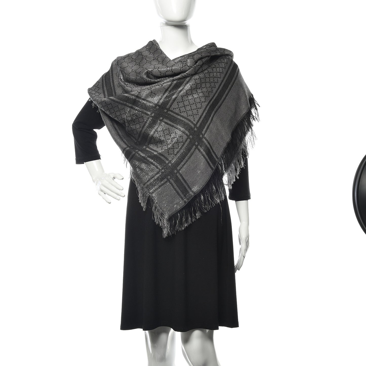 Wool Silk GG Monogram Diamante Plaid Surviee Shawl Graphite Black
