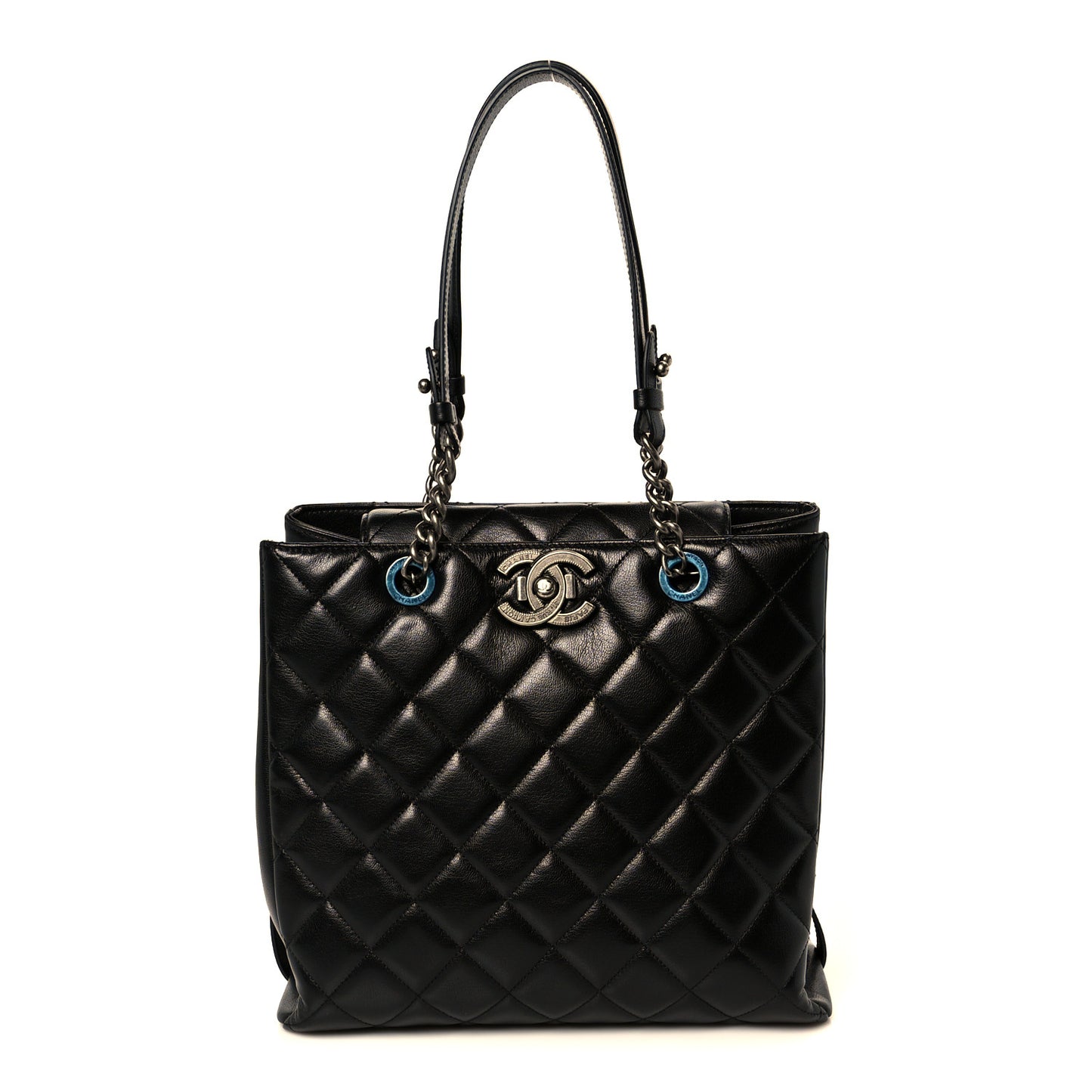 Metallic Goatskin Quilted Small City Rock Shopping Tote Black