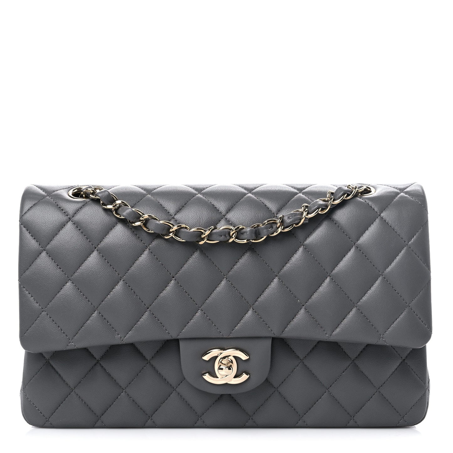 Lambskin Quilted Medium Double Flap Dark Grey