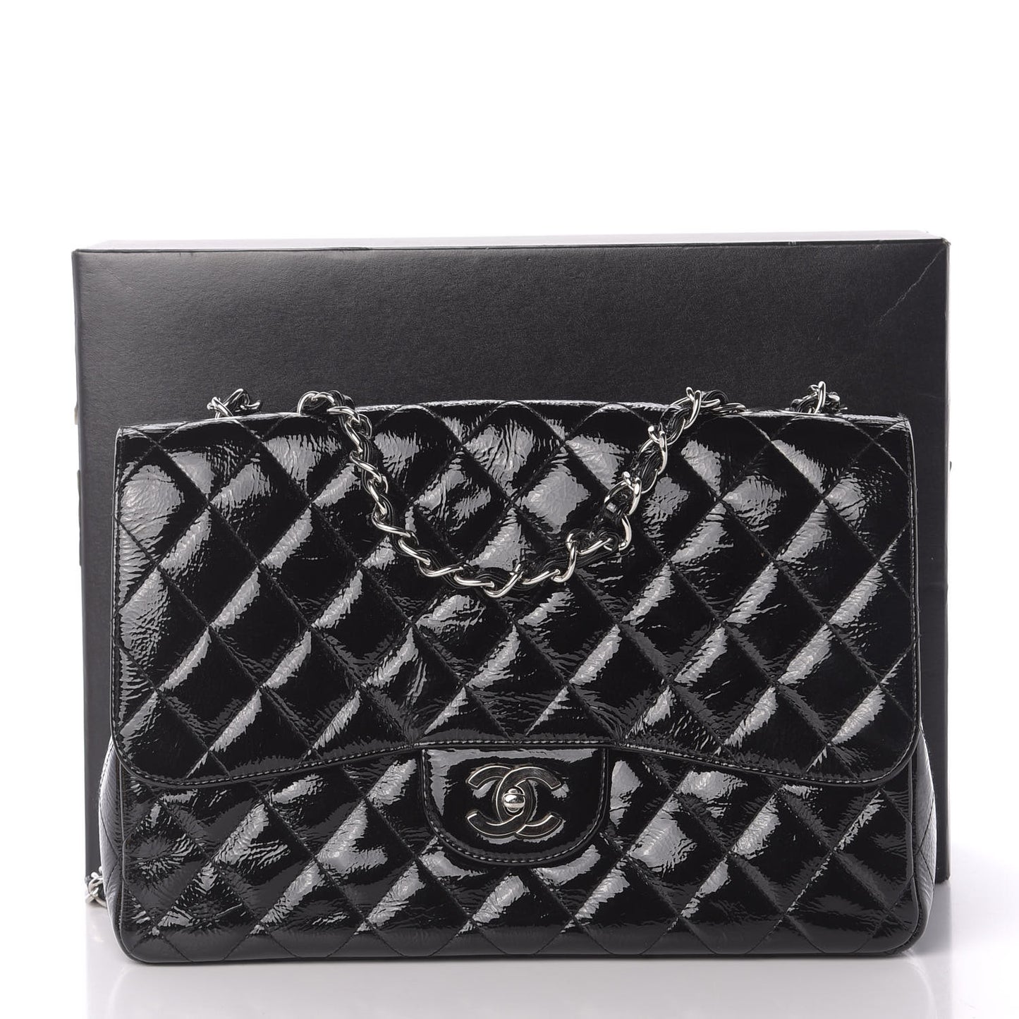 Distressed Patent Quilted Jumbo Single Flap Black
