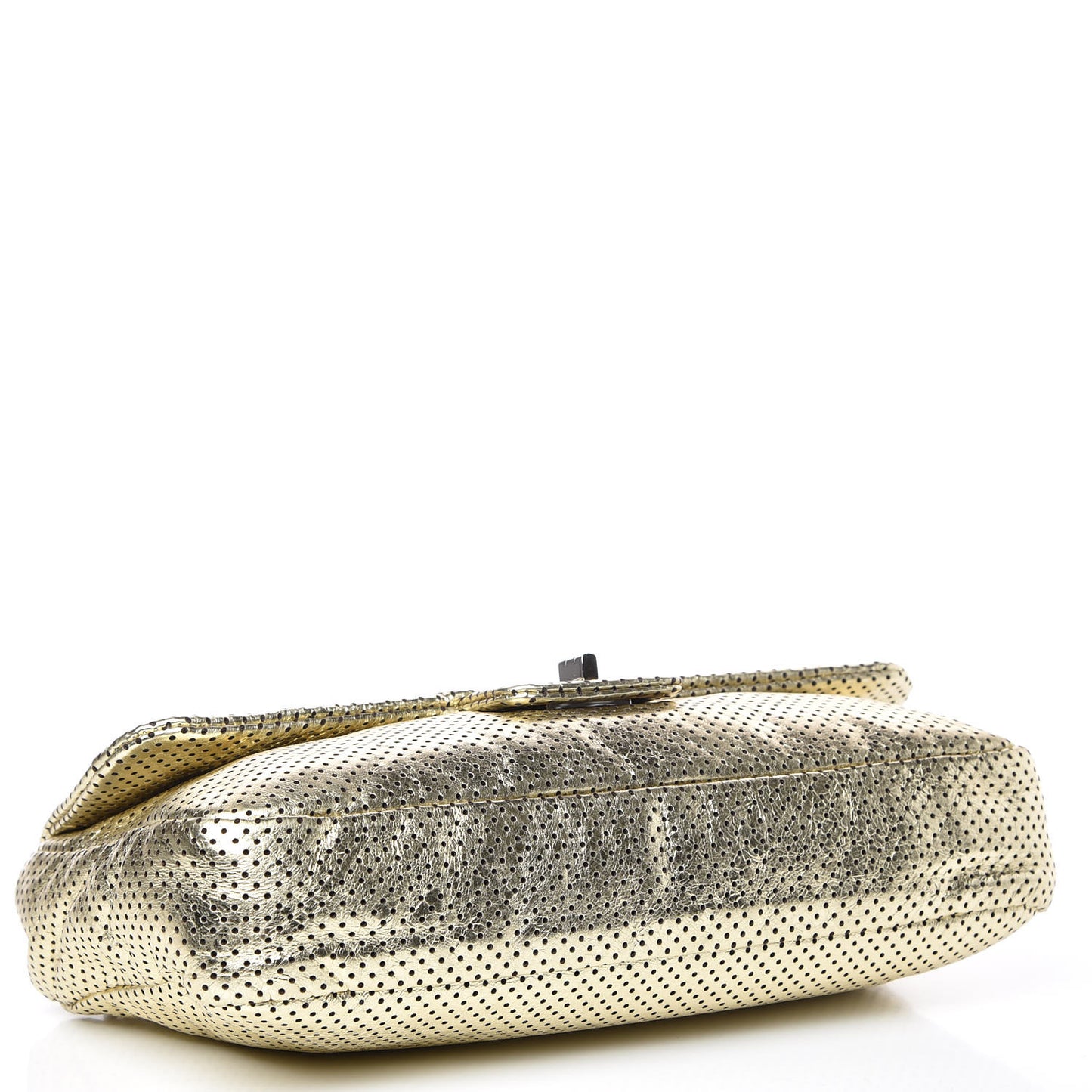 Metallic Crackled Calfskin Perforated Large Drill Flap Gold
